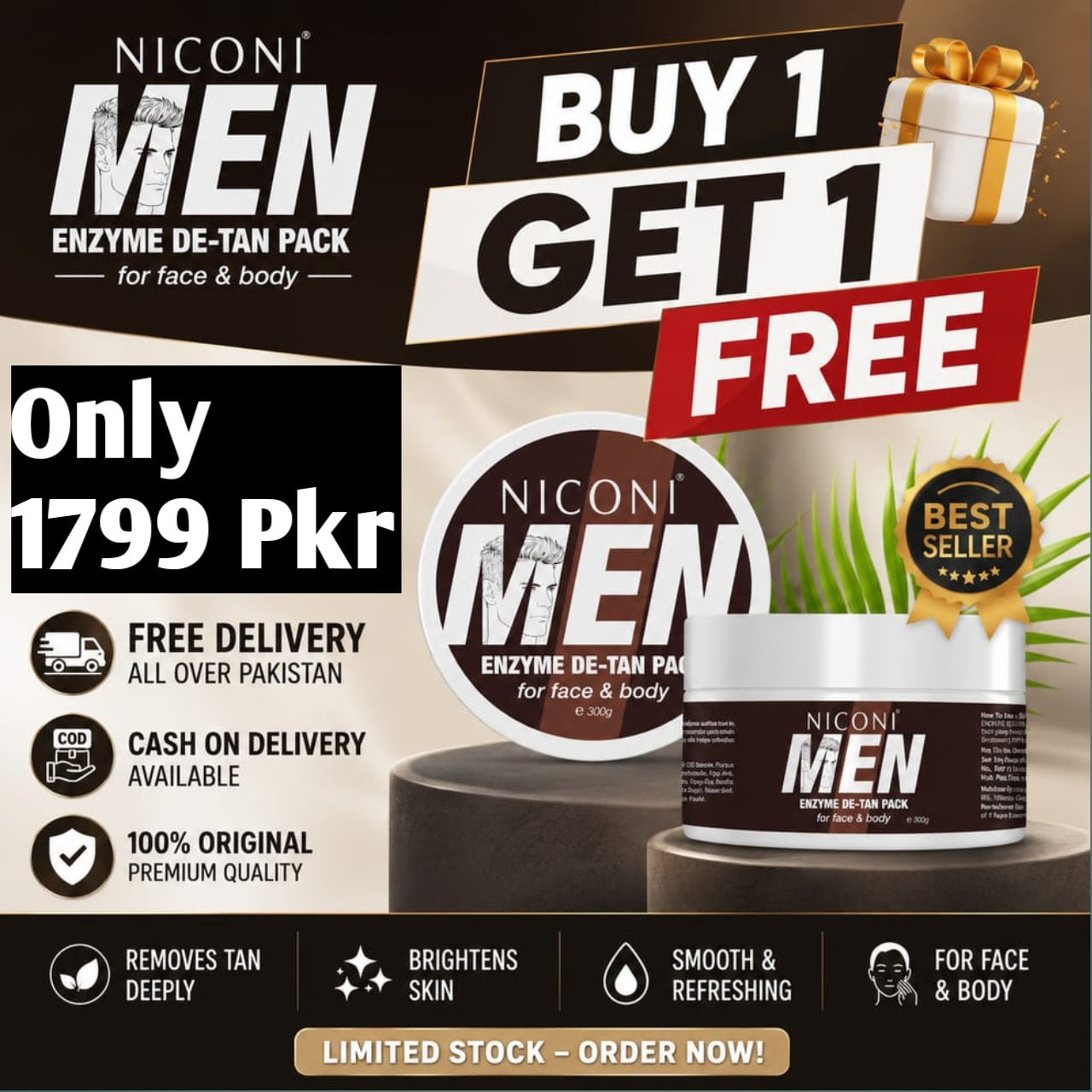 NICONI Men Enzyme De-Tan Pack For Face & Body | Buy 1 Get 1 Free🥳
